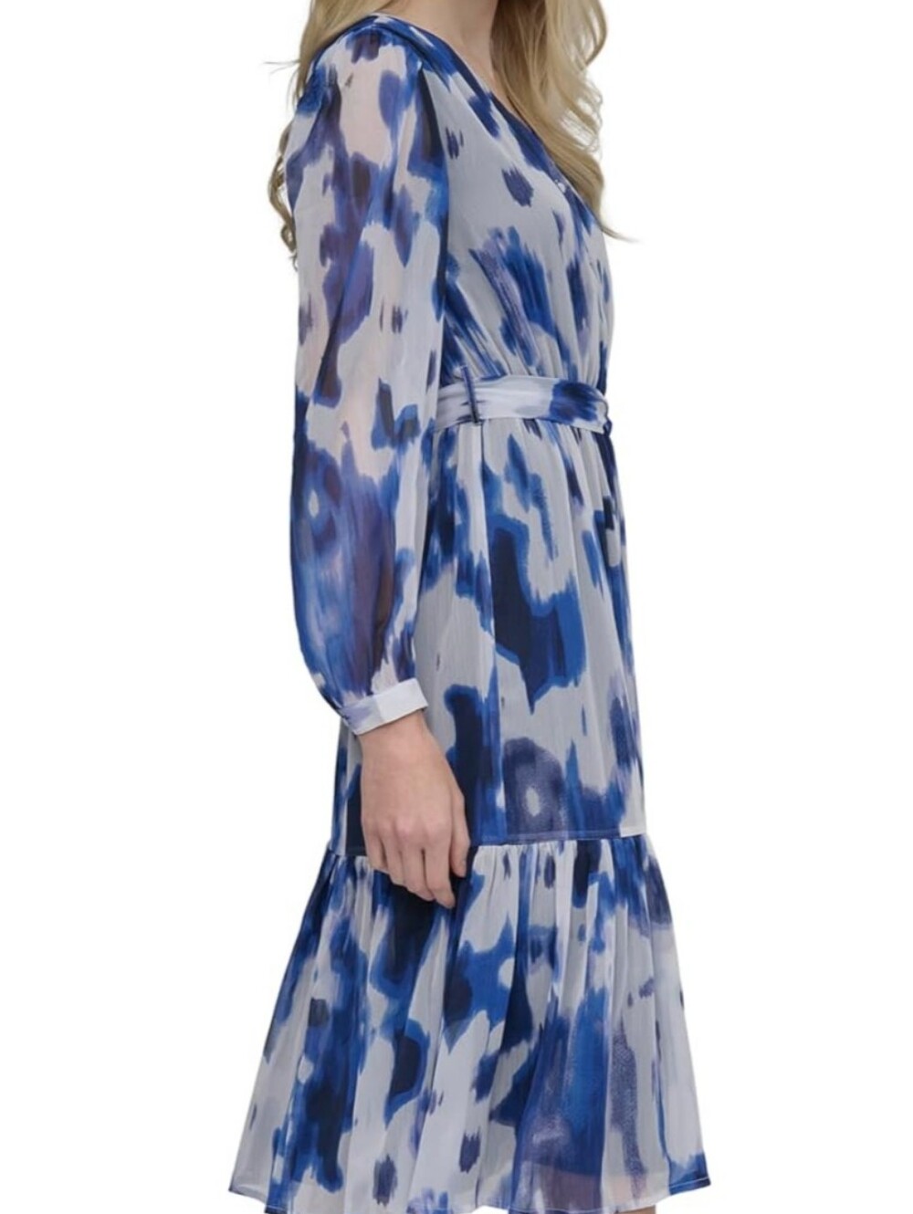 DKNY Abstract Blue Chiffon V-Neck Tie-Waist Midi Dress Size 14 - Picture 2 of 10